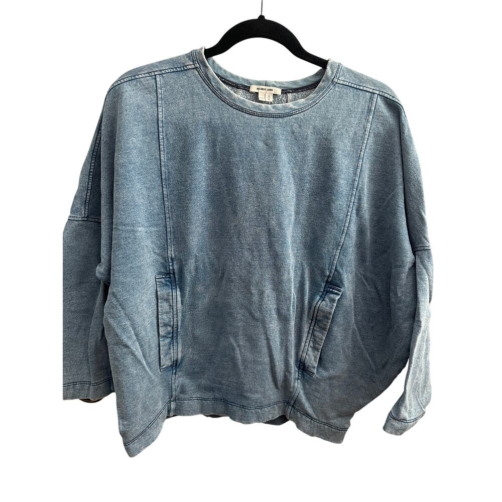 Helmut Lang Blue Acid Wash Oversized Sweatshirt Pullover Pockets Small